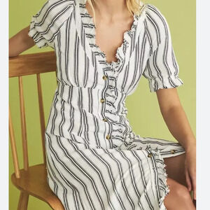 Anthropologie Pilcro Ruffle-Collar Button Down Midi Dress Striped Motif NEW 10